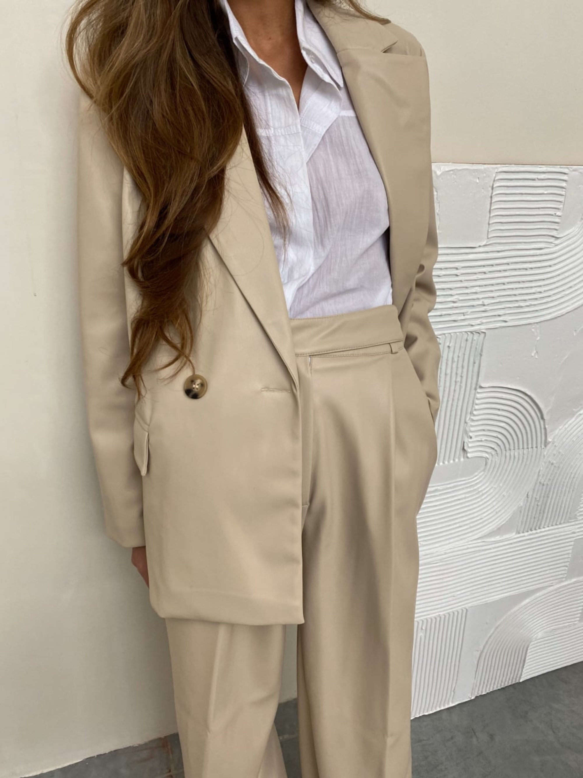 Women's 2 Piece Suit, Eco Leather Pants Suit, Palazzo Pants Suit, Women