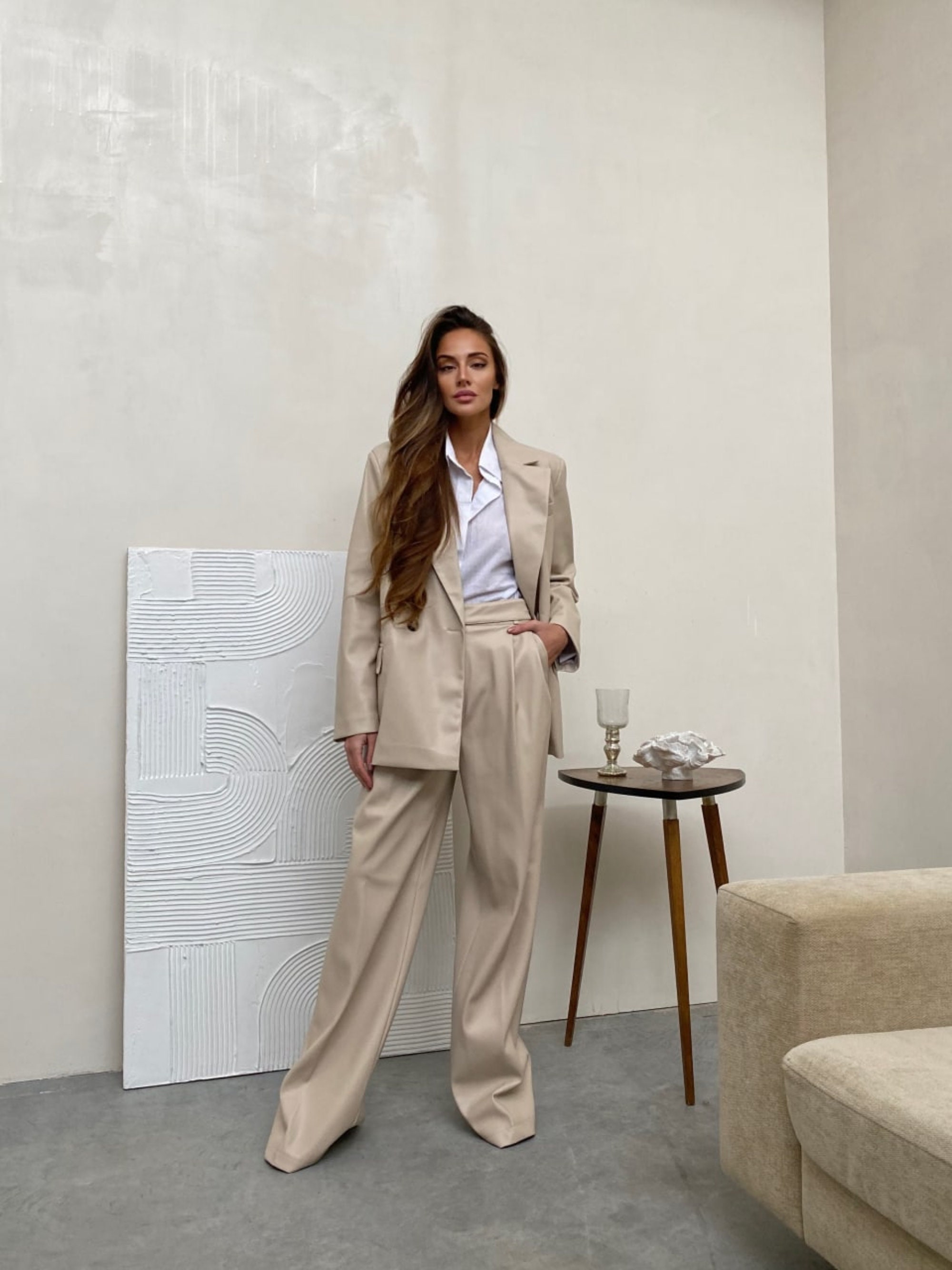 Women's 2 Piece Suit, Eco Leather Pants Suit, Palazzo Pants Suit, Women
