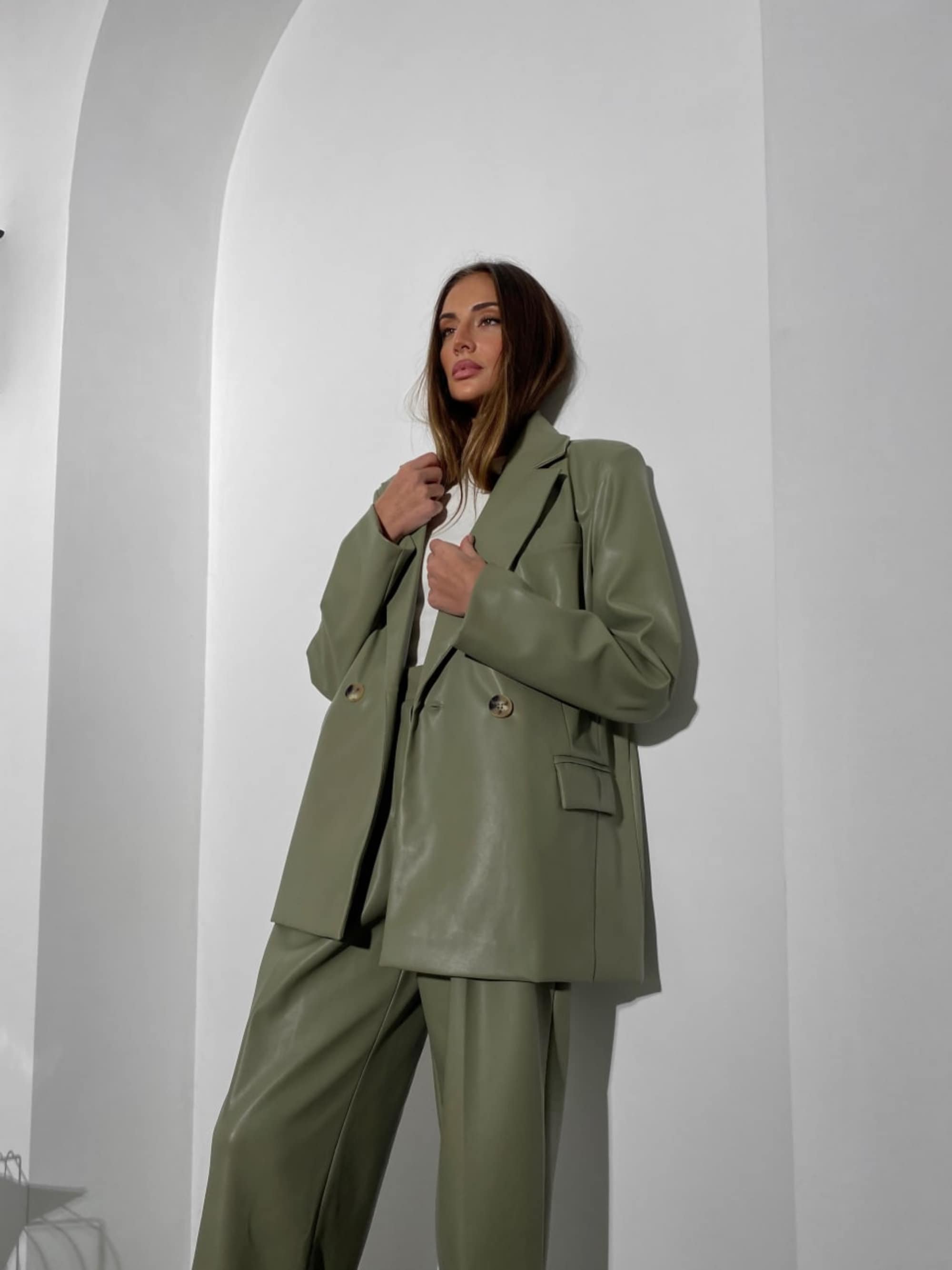 Women's 2 Piece Suit, Eco Leather Pants Suit, Palazzo Pants Suit, Women