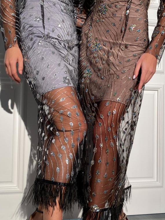 Women's strich Feather Mesh Dress, Women's Feather Tassel Sequins Dress,  Romantic Mesh Party Maxi Dress - Etsy