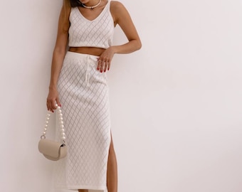 Knitted Top and Midi Skirt Set, Viscose Acrylic Blend