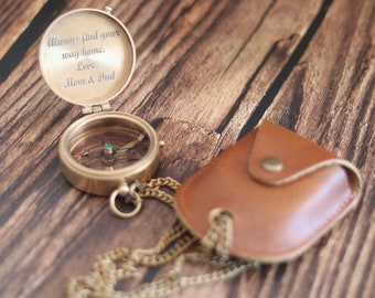 Personalized Brass Compass, Engraved Working Compass, Leather Case Option