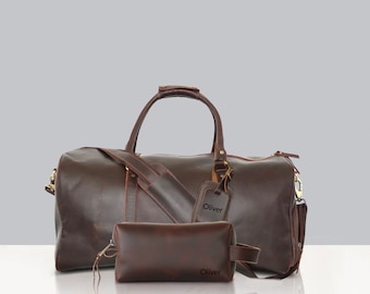 Personalized Leather Duffle Bag & Dopp Kit Set, Full Grain Cowhide Travel Set, Weekender Bag,  Custom Gift Set, Personalized Leather Bag