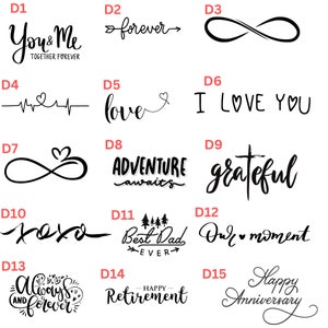 May include: A set of 15 black and white digital designs featuring various phrases and symbols. The designs include "You & Me Together Forever", "forever", "infinity symbol", "heartbeat", "love", "I Love You", "infinity symbol with a heart", "Adventure awaits", "grateful", "xoxo", "Best Dad Ever", "Our moment", "Always and Forever", "Happy Retirement", and "Happy Anniversary".