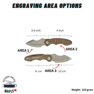 May include: A close-up of a brown wooden handled pocket knife with a silver blade. The knife is shown in three different positions with measurements for engraving areas labeled "Area 1", "Area 2", and "Area 3". The text "Engraving Area Options" is at the top of the image. The text "Weight: 123 gram" is at the bottom of the image.