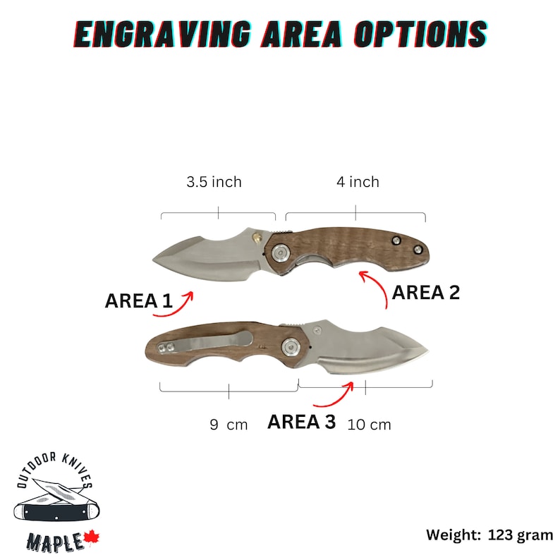 May include: A close-up of a brown wooden handled pocket knife with a silver blade. The knife is shown in three different positions with measurements for engraving areas labeled "Area 1", "Area 2", and "Area 3". The text "Engraving Area Options" is at the top of the image. The text "Weight: 123 gram" is at the bottom of the image.
