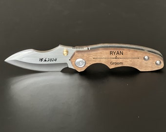 Engraved Pocket Knife: Walnut Wood & Stainless Steel, Groomsmen Gift