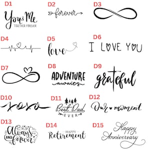 May include: A set of 15 black and white digital designs featuring various phrases and symbols. The designs include "You & Me Together Forever", "forever", "infinity symbol", "heartbeat", "love", "I Love You", "infinity symbol with a heart", "Adventure awaits", "grateful", "xoxo", "Best Dad Ever", "Our moment", "Always and Forever", "Happy Retirement", and "Happy Anniversary".