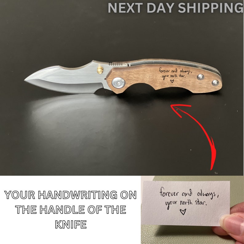 May include: A brown wooden pocket knife with a silver blade. The handle is engraved with the handwritten message "forever and always, your north star."