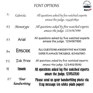 May include: A chart with seven font options for a custom knife. The options are Gabriola, Monotype, Arial, EPISODE, Ink Free, Emanie, and Your handwriting. The chart also includes instructions to send a handwriting photo via Etsy message.