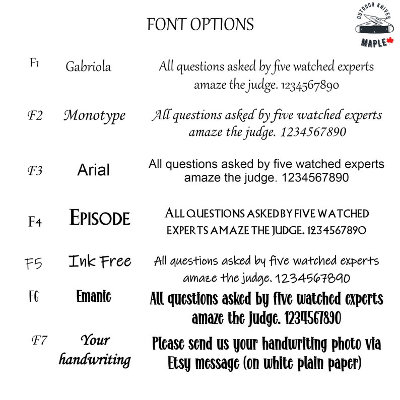 May include: A chart with seven font options for a custom knife. The options are Gabriola, Monotype, Arial, EPISODE, Ink Free, Emanie, and Your handwriting. The chart also includes instructions to send a handwriting photo via Etsy message.