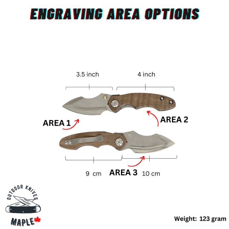 May include: A close-up of a brown wooden handled pocket knife with a silver blade. The knife is shown in three different positions with measurements for engraving areas labeled "Area 1", "Area 2", and "Area 3". The text "Engraving Area Options" is at the top of the image. The text "Weight: 123 gram" is at the bottom of the image.