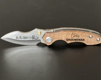 Personalized Pocket Knife: Engraved Walnut Wood Folding Knife, Groomsmen Gift