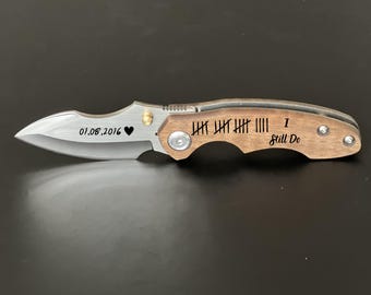 Personalized 19th Anniversary Pocket Knife, Walnut Wood Handle, Tally Mark Knife
