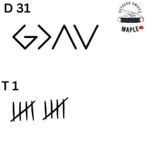 May include: A black and white image showing a tally mark system. The text "D 31" and "T 1" are visible. The tally marks are grouped in sets of five, with one mark crossing the other four.
