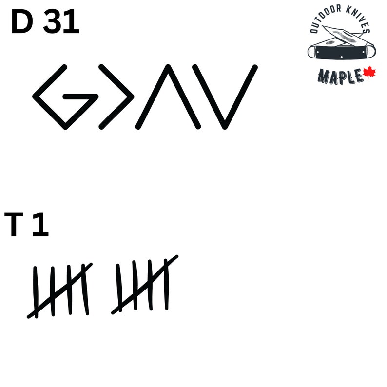 May include: A black and white image showing a tally mark system. The text "D 31" and "T 1" are visible. The tally marks are grouped in sets of five, with one mark crossing the other four.