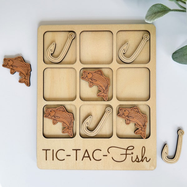 Fishing Tic-Tac-Toe Board Fish Game Pieces, Sasquatch Wooden Board Game, Unique Busy Bag or Travel Games and Design for Family Game Nights