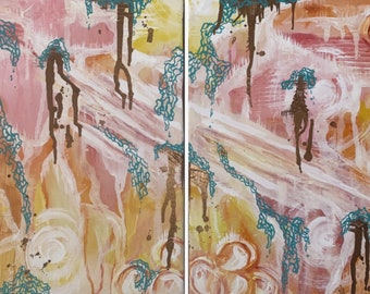 May include: Abstract painting with a split canvas, featuring a mix of pink, white, yellow, and brown paint. The painting has a textured, layered look with dripping paint and swirling patterns.