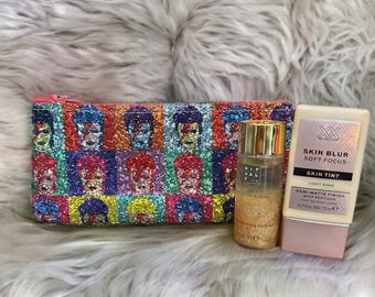 Bowie glitter fabric make up bag | gift | pencil case | glasses case | phone case | birthday gift | various sizes | rock icon | quirky purse