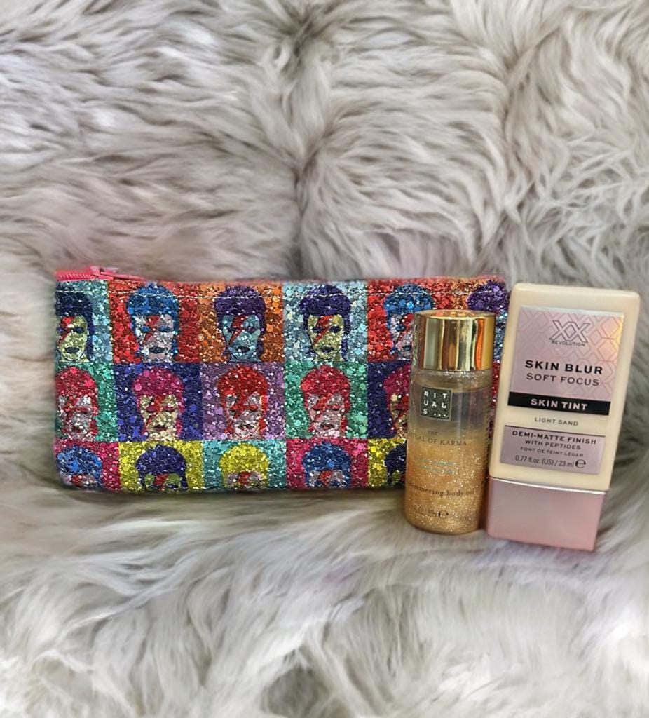 Bowie glitter fabric make up bag gift pencil case glasses case phone case birthday gift various sizes rock icon quirky purse
