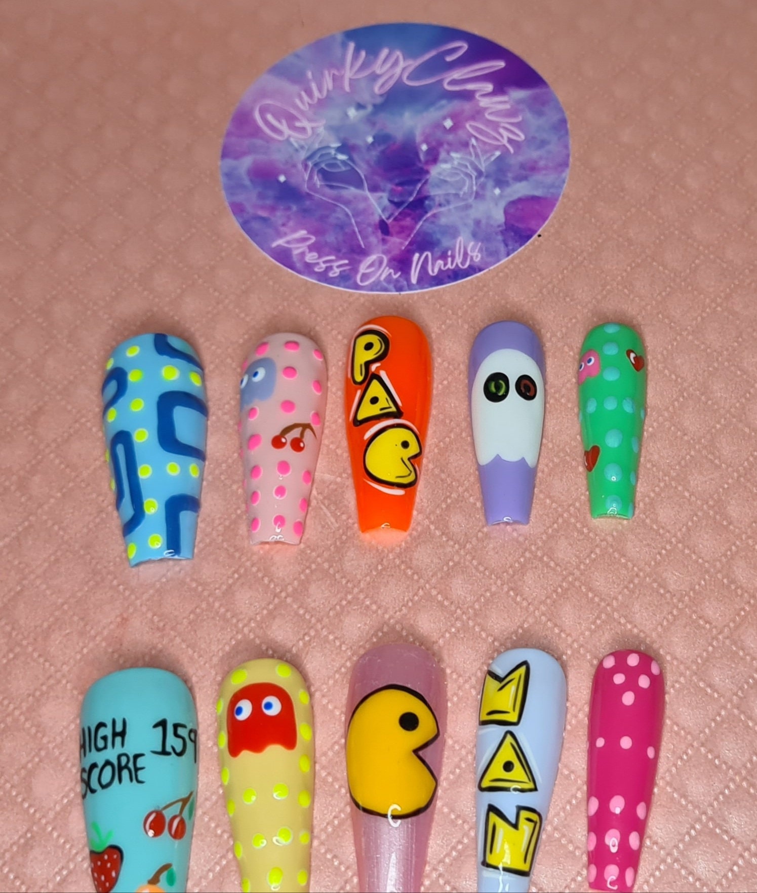 Pac Man Character Themed Gamer Bright Colourful Hand Painted Press on Nails