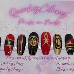 ATEEZ Atiny Crazy Form Red and Gold Uniform Inspired Hand Painted Press on Nails