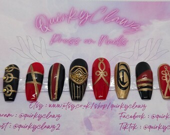 Crazy Form Red and Gold K-Pop Inspired Luxury Hand Painted Press on Nails