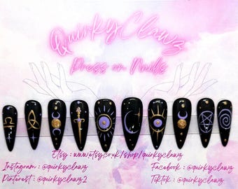 Black, Purple and Gold Witchy Mystical Occult Symbol Hand Painted Press on Nails