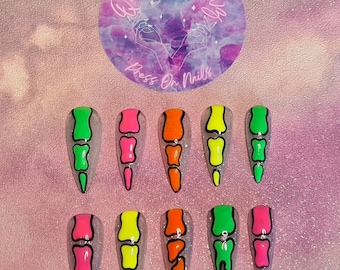 Neon glitter skelet vingerbot spookachtig schattig handgeschilderde luxe pers op nagels