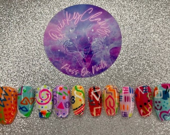 80s/90s Retro Print Hand Painted Luxury Press on Nails