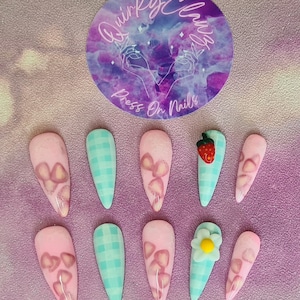 Strawberry Milk Picnic Checked Gingham Cute Sweet 3D Hand Painted Luxury Press on Nails