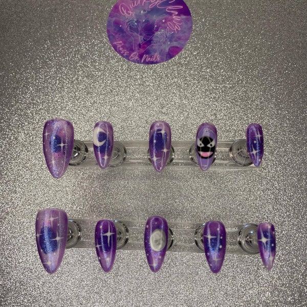 Purple Glitter Jelly, Star and Moon Ghastly Pokemon Hand Painted Press on Nails