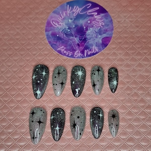 Black and White Monochrome Cat Eye Celestial Star Hand Painted Press on Nails