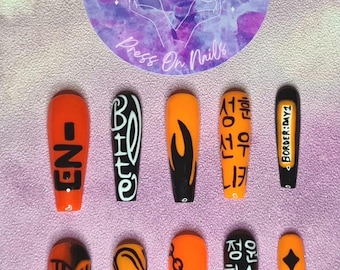 Enhypen K-Pop oranje en zwart thema handgeschilderde luxe pers op nagels
