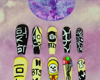 Cartoon Bias K-pop Themed Hand Painted Luxury Press on Nails