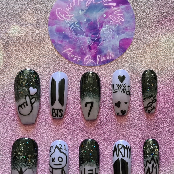 BTS Army K-pop Black and Purple Themed Hand Painted Press on Nails