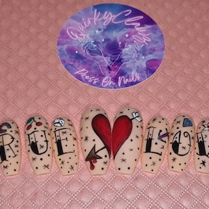Old School Tattoo Art &quot;True Love&quot; Themed Hand Painted Press on Nails