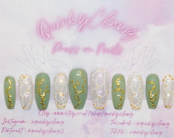 Fairycore schillernde Chrom Feenflügel Gold botanische handbemalte Presse auf den Nägeln