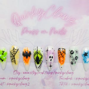 Spooky Cute Neon Paint Splatter Halloween Hand Painted Press on Nails
