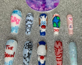 Pinky and the Brain Themed Cartoon Character Hand Painted Press on Nails