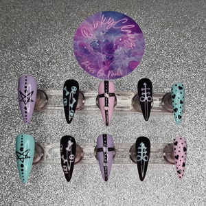 Pastel Goth Themed Harness and Skull Hand Painted Press on Nails