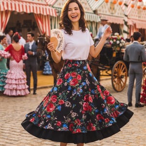 Saia profissional feminina de flamenco com bolinhas e flores | Traje de dança flamenca sevilhana andaluza com elegantes babados para feiras e romarias