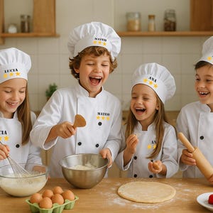 Kinderkoksbuizen. Gepersonaliseerde jongenskoksbuis. Set van koksmuts en -jas. Volledig gepersonaliseerd cadeau.