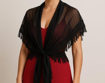 Scialle da flamenco da donna in plumetis nero o bianco | Scialle sivigliano con frange in cotone da 10 cm | accessorio per danza e feste