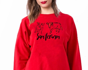 T-Shirts aus Spanien, San Fermin, Pamplona. Unisex-Sweatshirt mit langen Ärmeln. Der Lauf der Stiere. Personalisierte San Fermin Schal-Kleidung