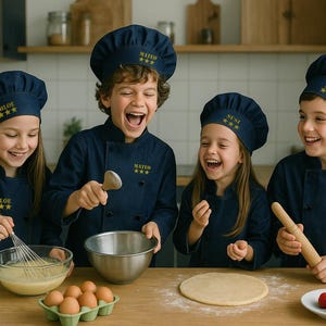 Op de afbeelding: Vier kinderen met marineblauwe koksmutsen en -jassen met goud geborduurde namen. Ze lachen terwijl ze koken, met ingrediënten als eieren, bloem en aardbeien op een houten aanrecht.