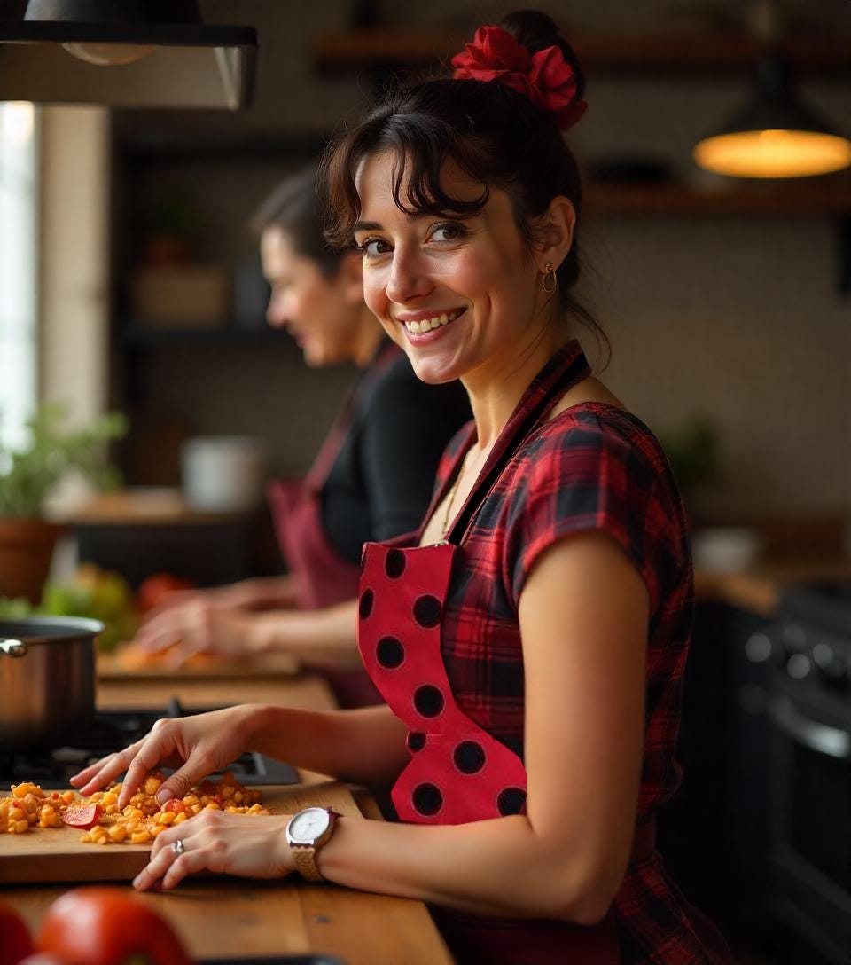 Grembiule Donna Fenicottero Rosso Con Pois Neri E Volant - Per Danza, Ballo Sevillane O Cucina