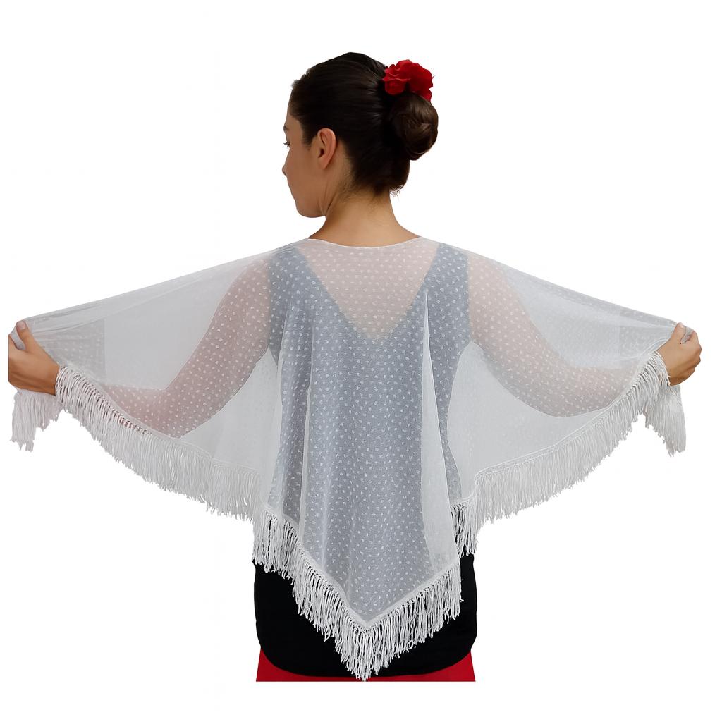 Châle Flamenco Plumeti Pour Femme - Noir Ou Blanc, Semi-transparent, Franges Coton 10 Cm - 150x75 Cm