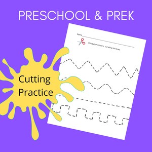 May include: A black and white printable worksheet with dotted lines for cutting practice. The worksheet has three rows of lines, with the top row being wavy, the middle row being curved, and the bottom row being straight. The text "Using your scissors, cut along the lines." is at the top of the worksheet.