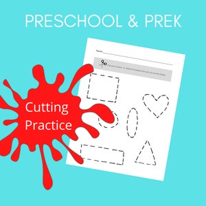 May include: A printable worksheet for preschoolers and pre-k students to practice cutting skills. The worksheet features a variety of shapes with dotted lines for children to follow with scissors. The text on the worksheet says "Use your scissors to follow the dotted lines and cut out the shapes."